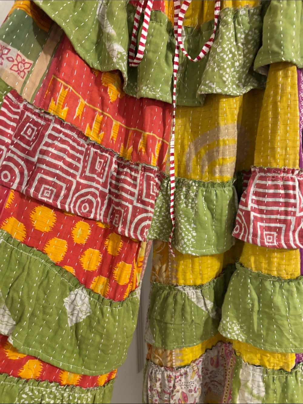 Bohemian Tiered Patchwork Maxi Pants in Green & Yellow - Picture 3 of 6